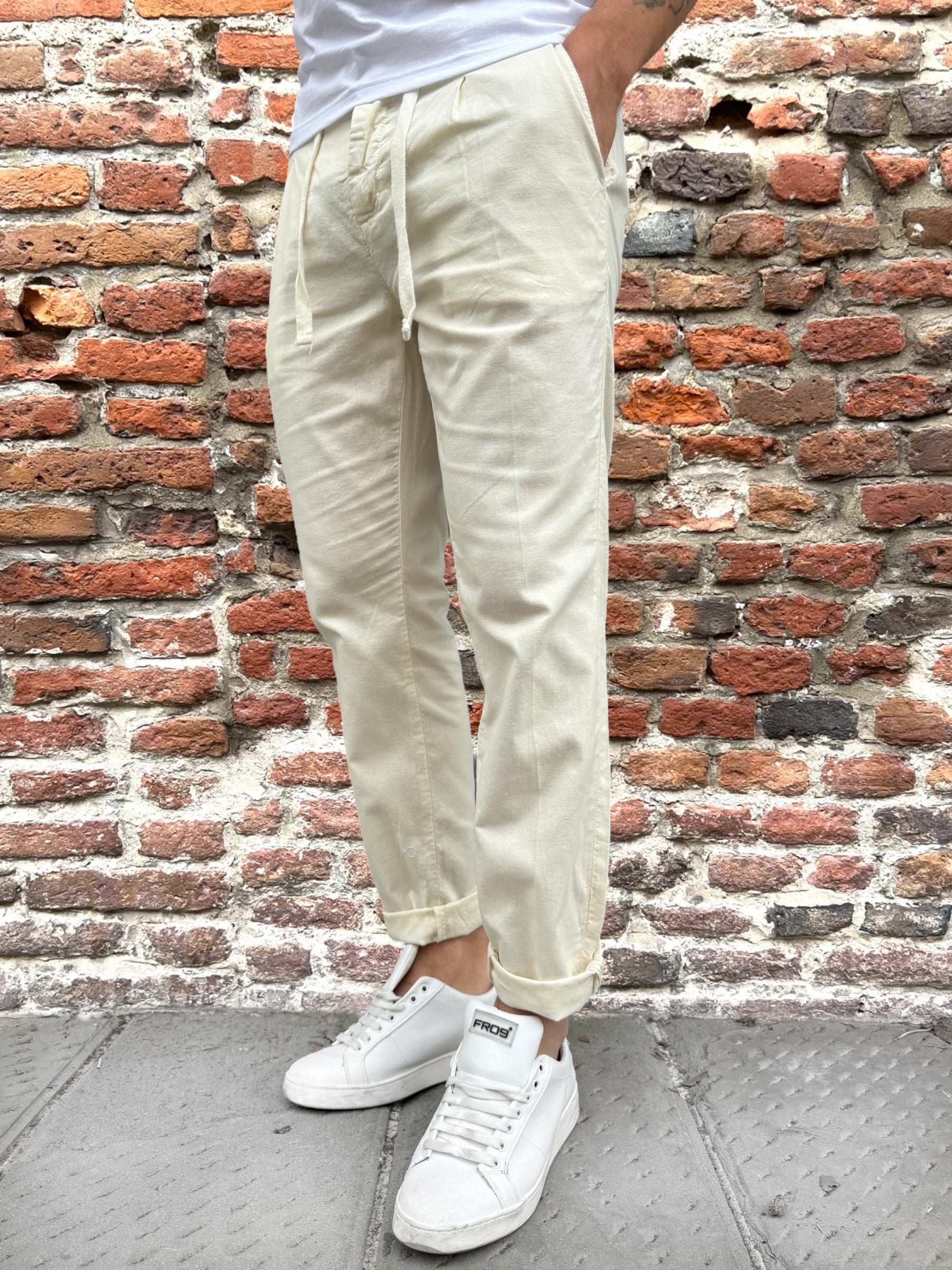 Pantalone Over-D Lino Relaxed Fit Panna P06 (12102813483348)