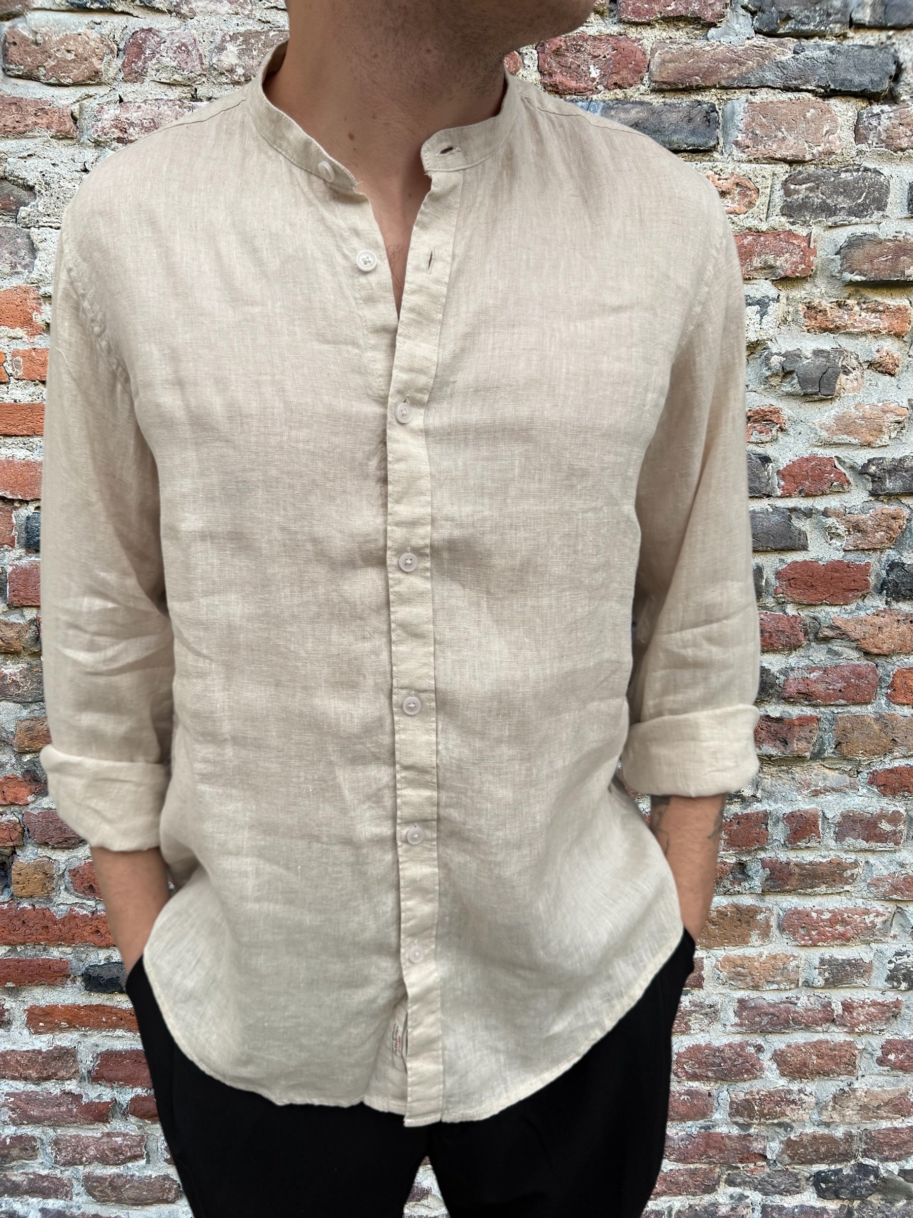 Camicia Gianni Lupo Lino Coreana Beige 7620 (11945564373332)