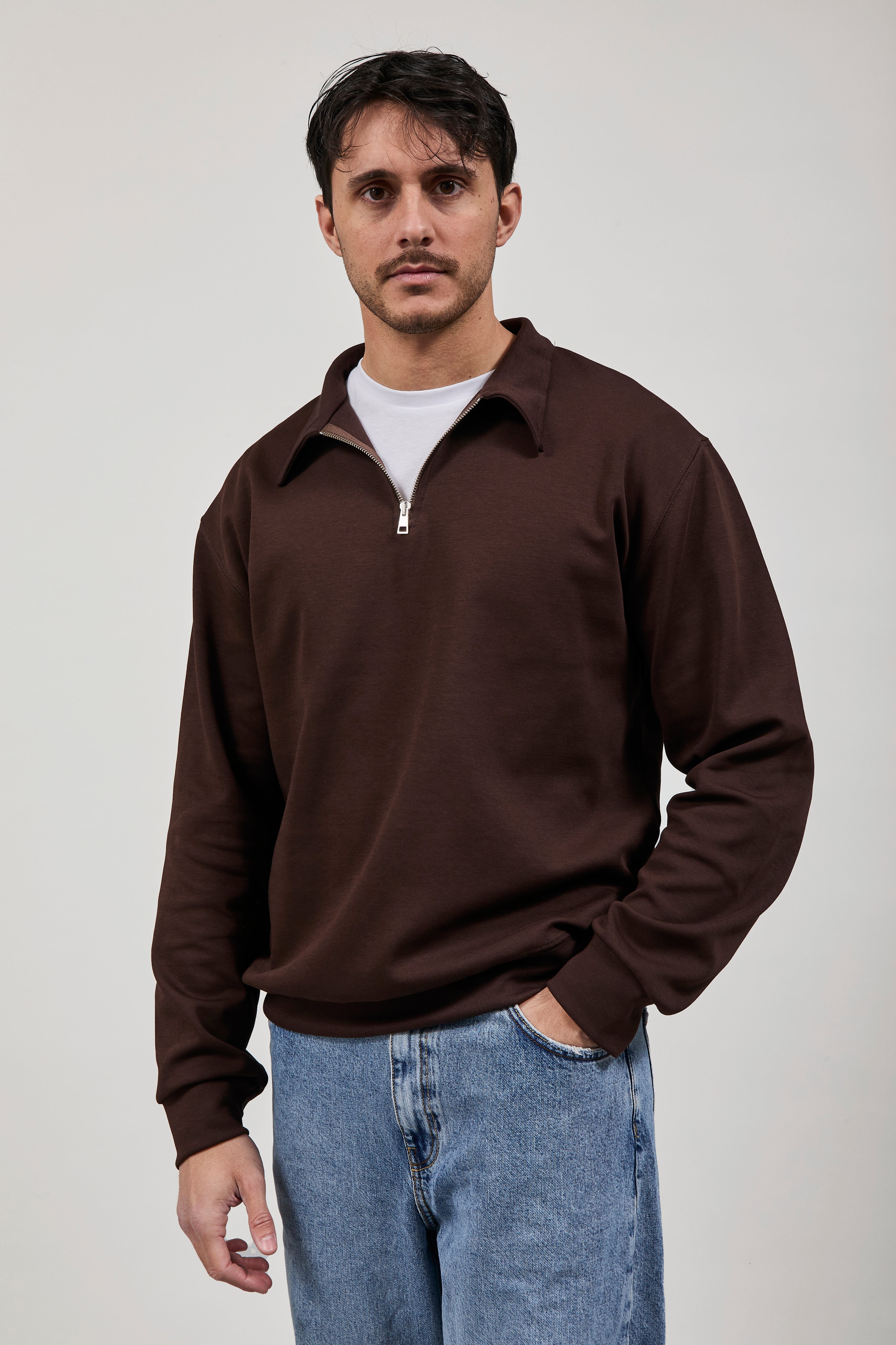 Felpa Berna Polo Zip Interlock Moro