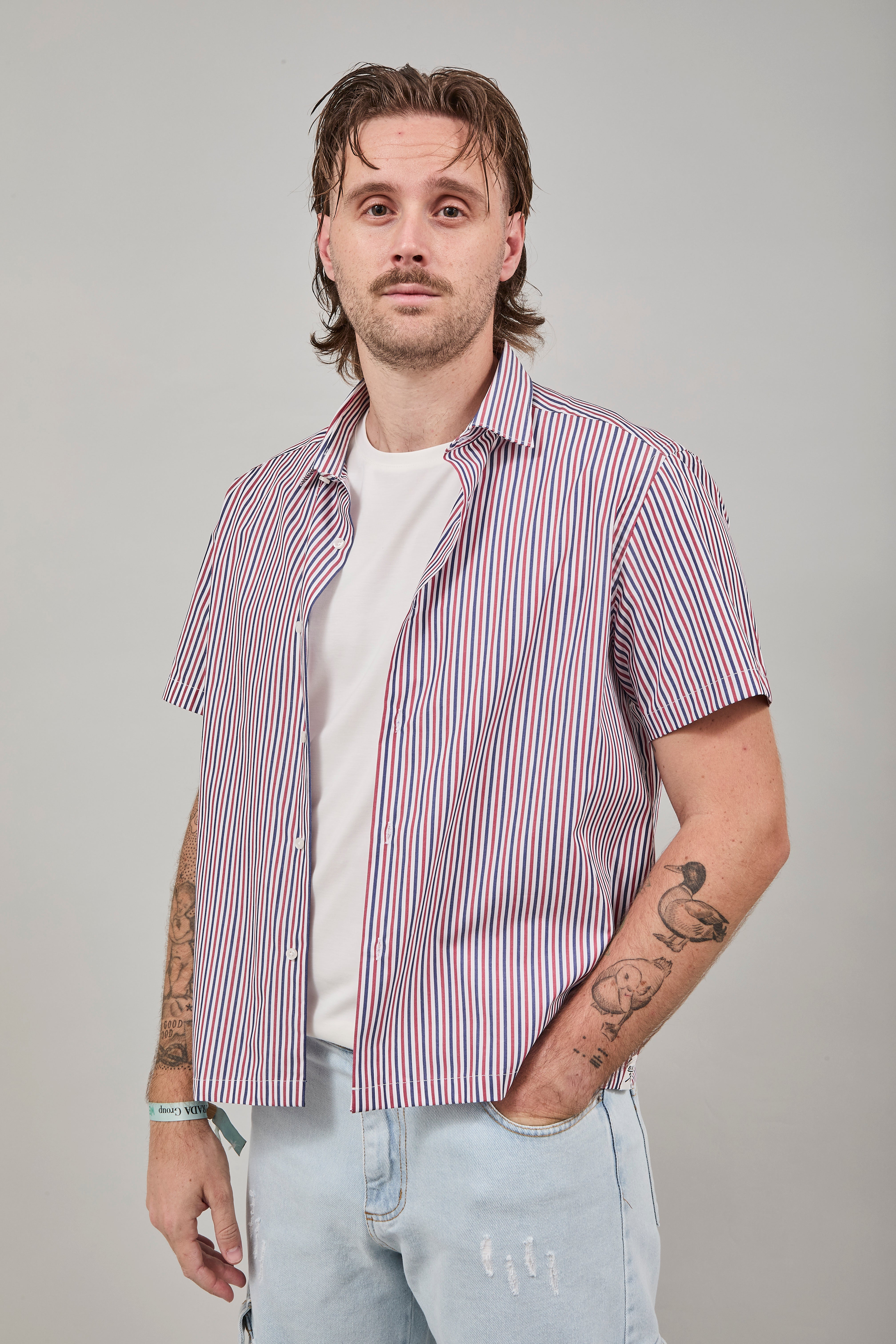 Camicia Berna Riga Sottile Coccio-Blu