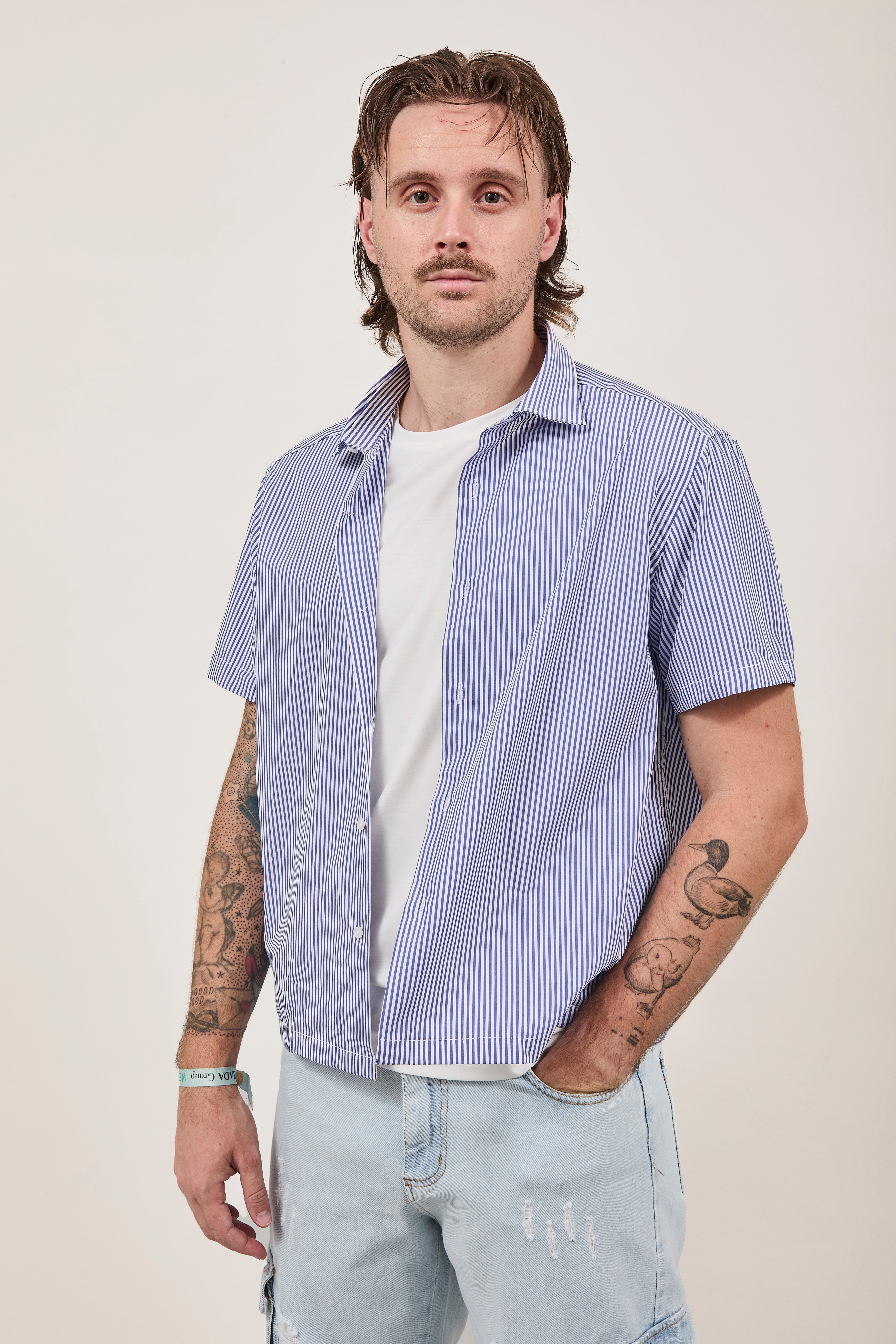 Camicia Berna Riga Sottile Bianco-Blu