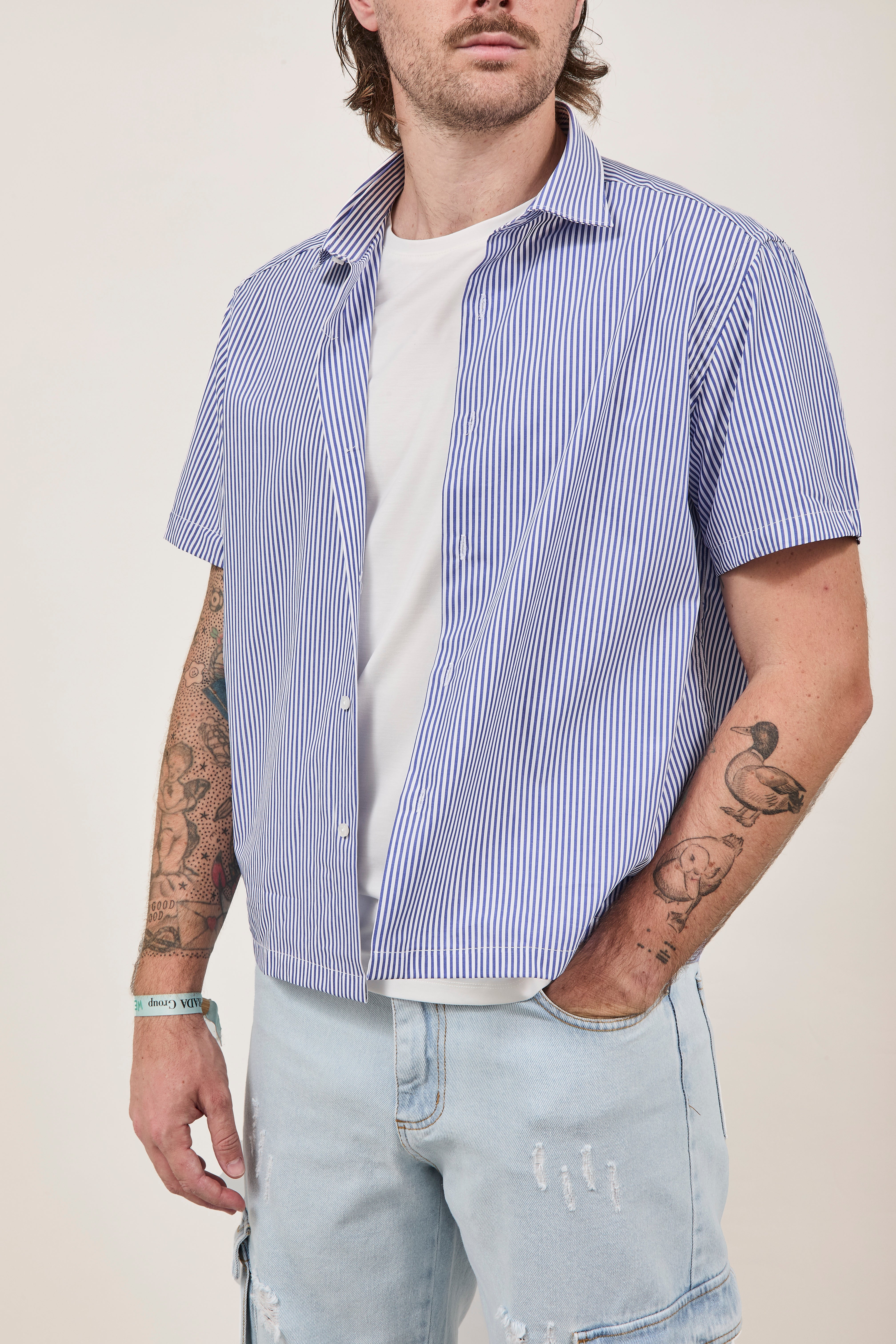 Camicia Berna Riga Sottile Bianco-Blu