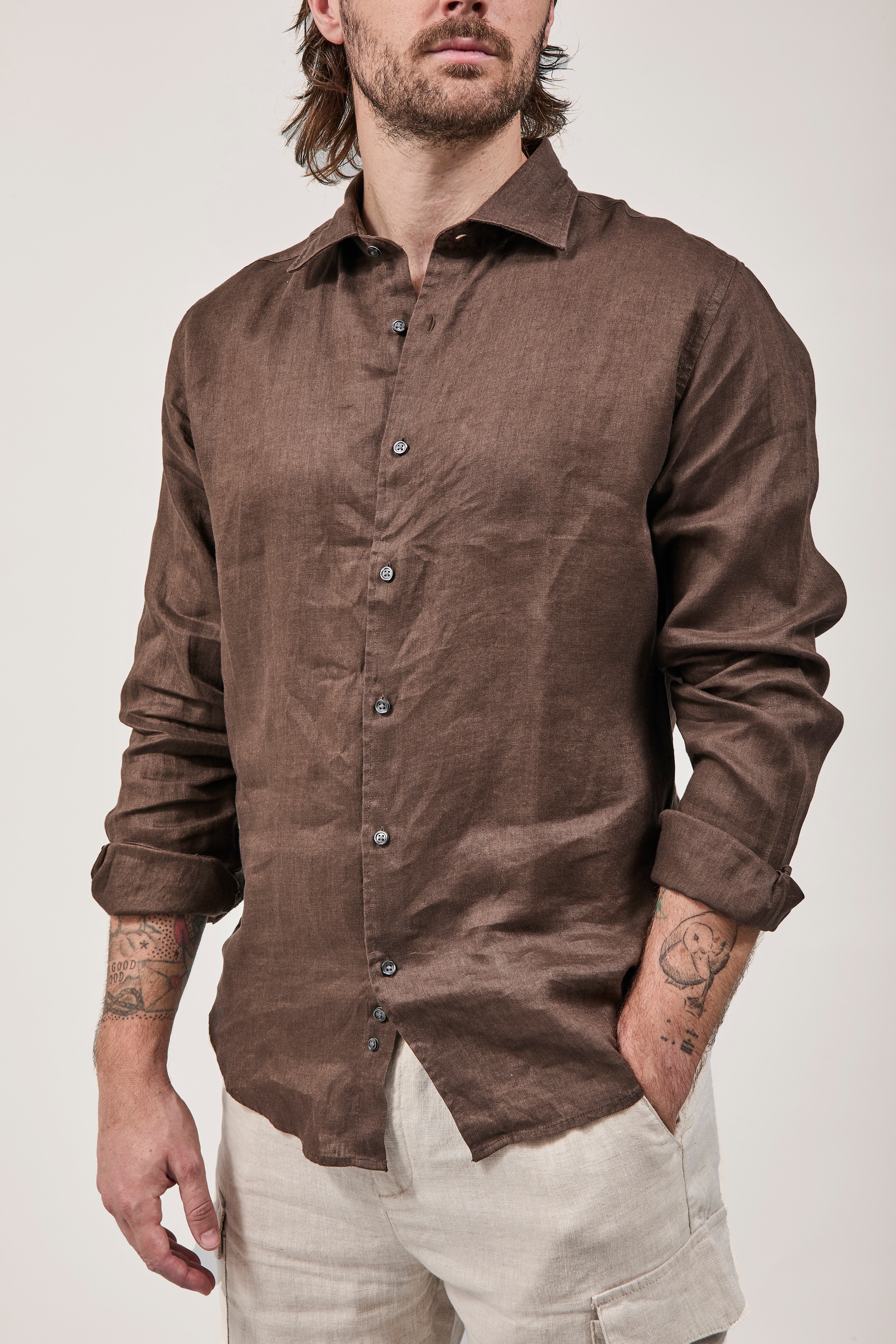 Camicia Berna Lino Cioccolato 448