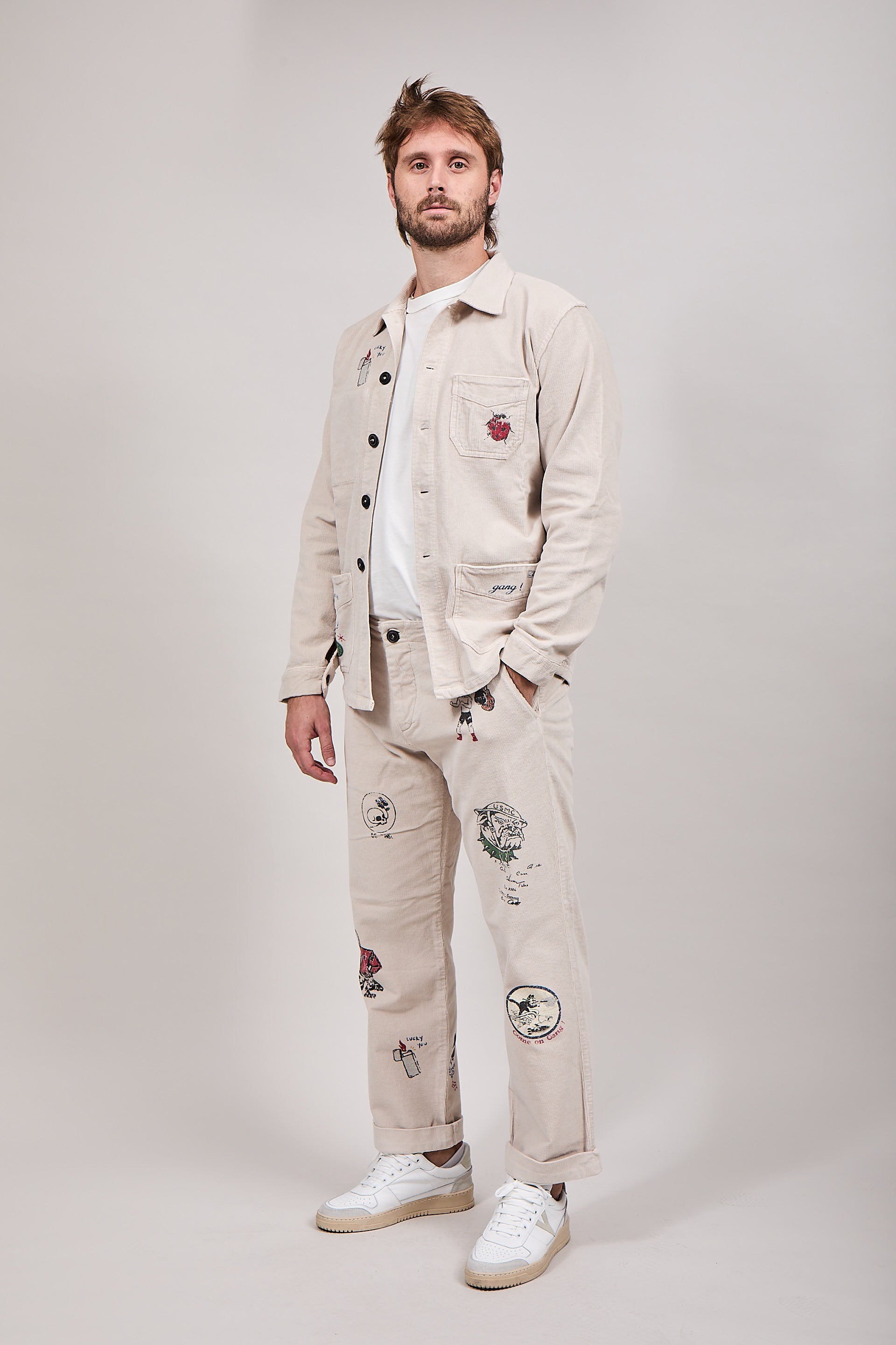 Pantalone Clark Velluto Stampe Panna Atelier