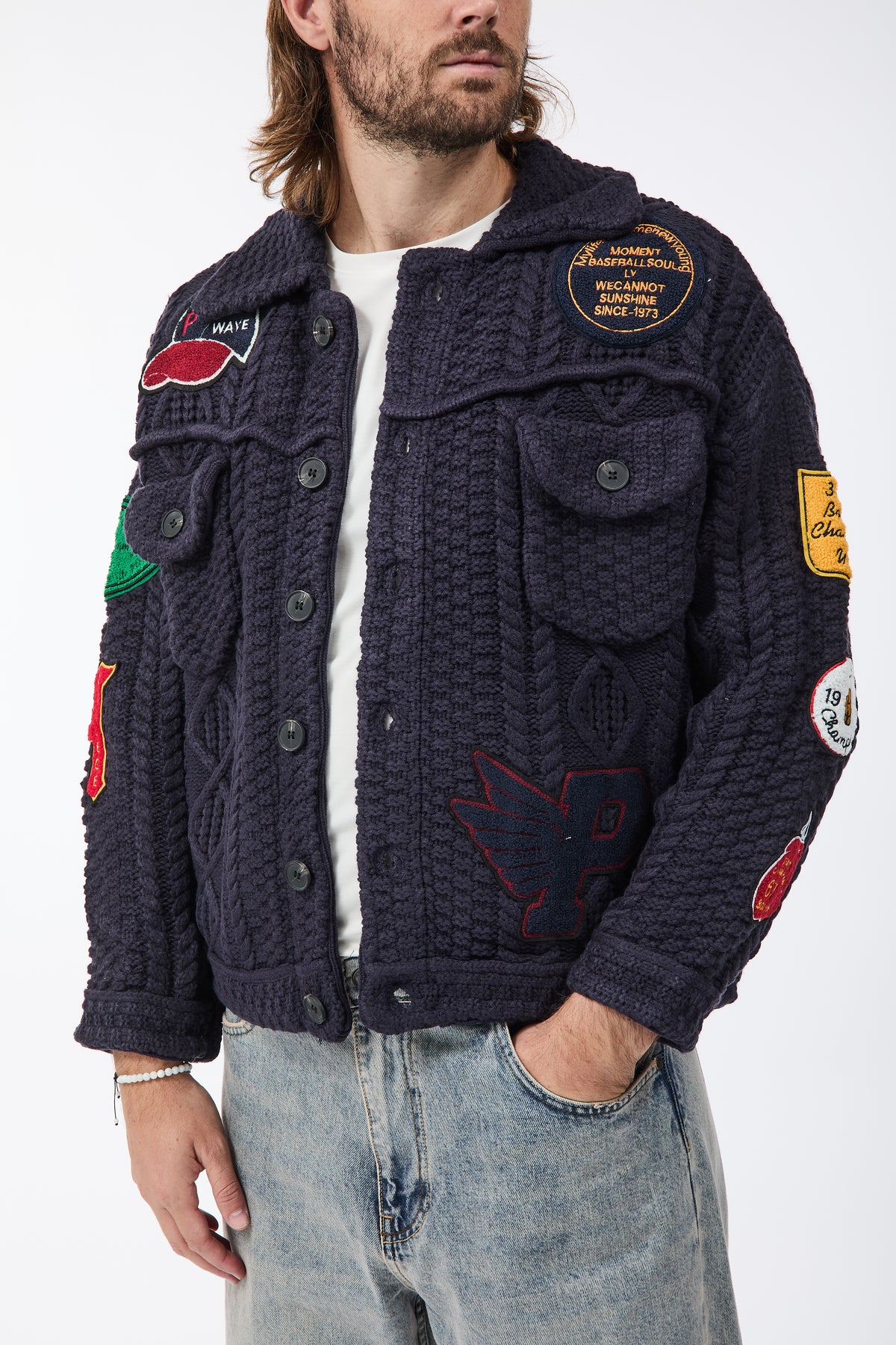 Giubbino Berna Maglia Trecce Patch Blu