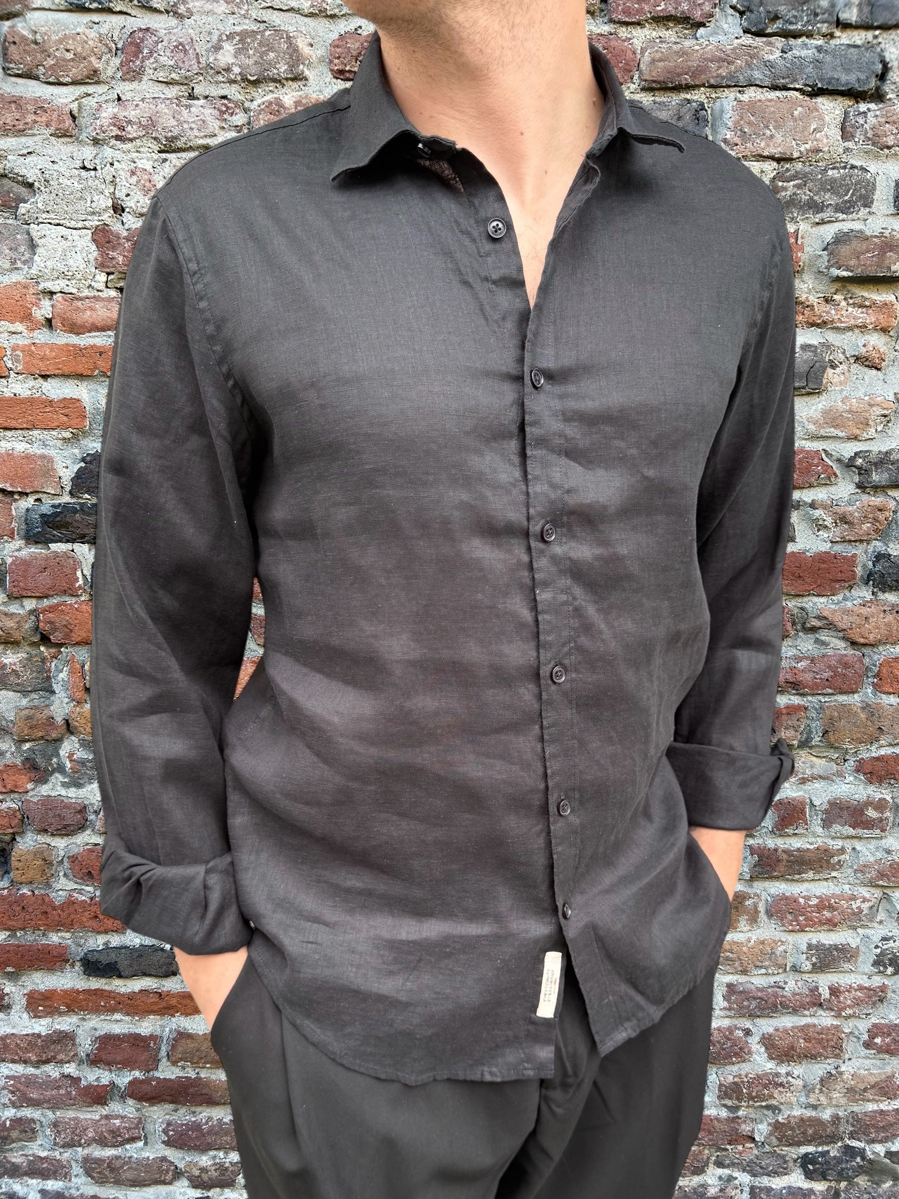 Camicia Gianni Lupo Lino Colletto Francese Nera 7619 (11945576431956)
