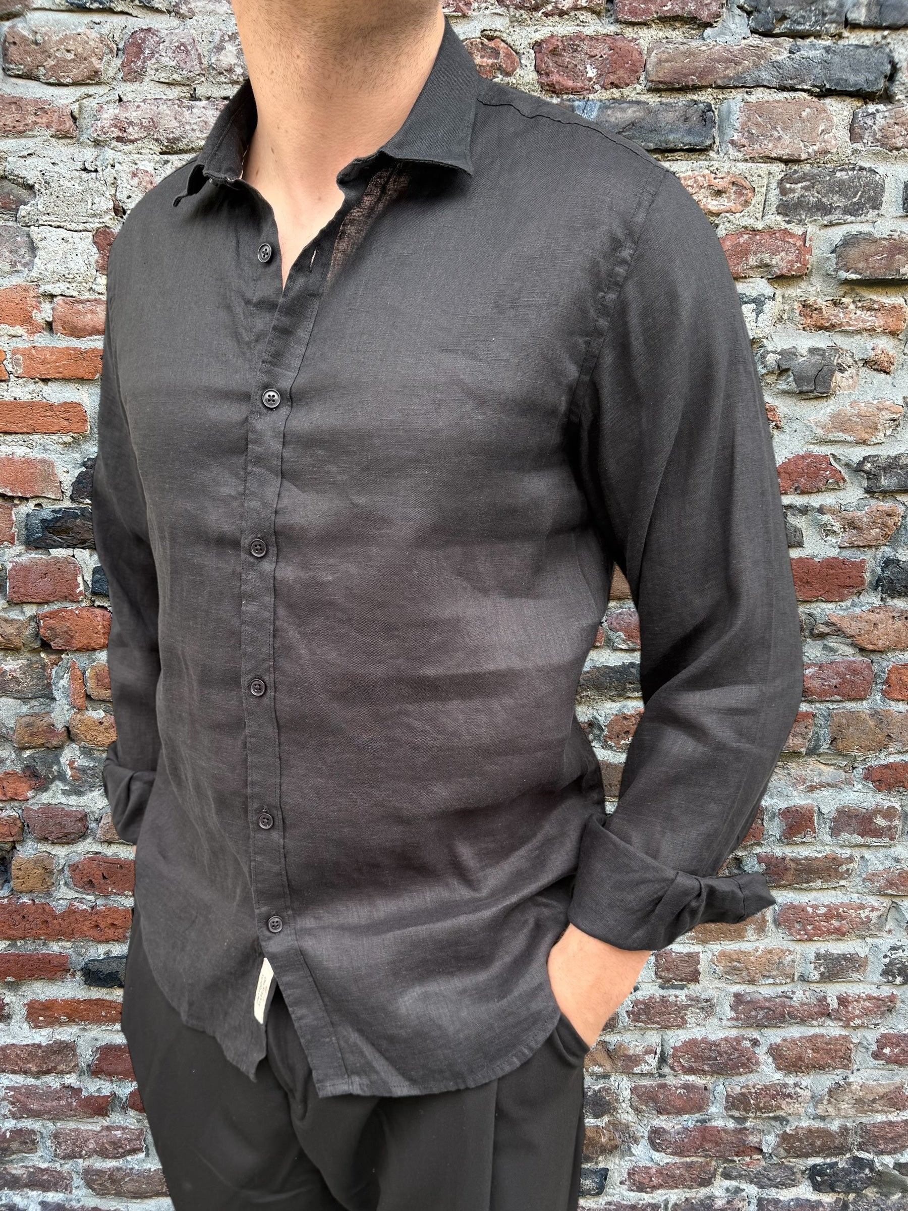 Camicia Gianni Lupo Lino Colletto Francese Nera 7619 (11945576431956)