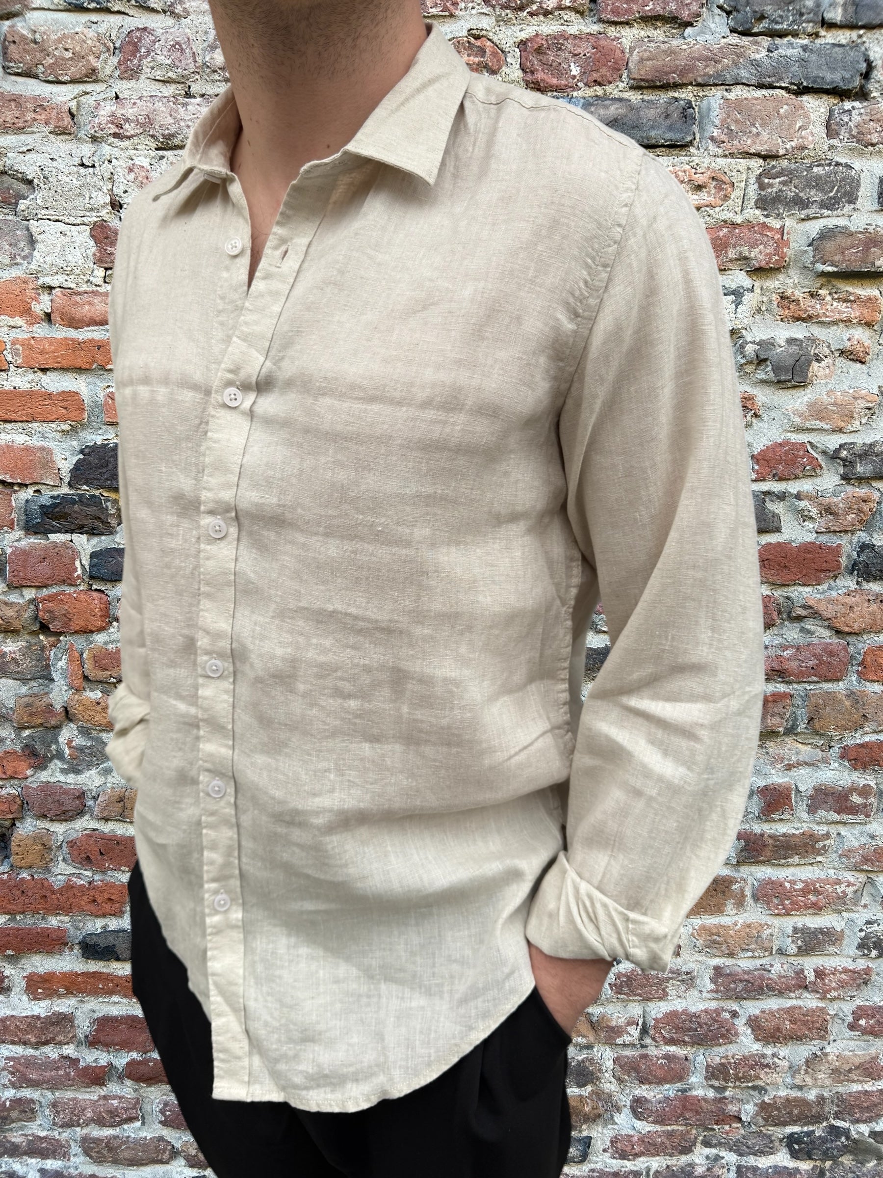 Camicia Gianni Lupo Lino Colletto Francese Beige 7619 (11945582100820)