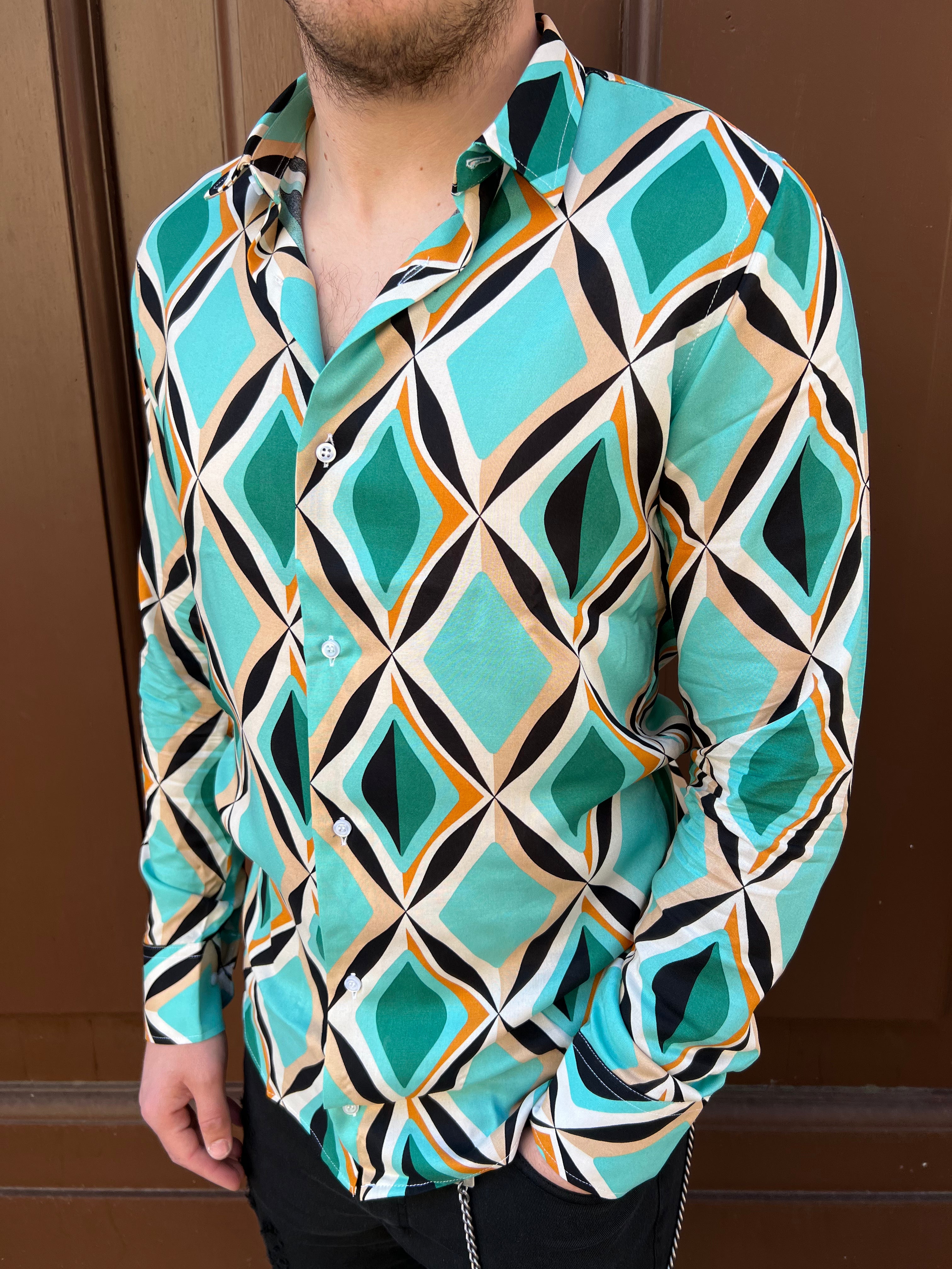 Camicia Sartoria Viscosa Rombi Turchese (6886384992309)