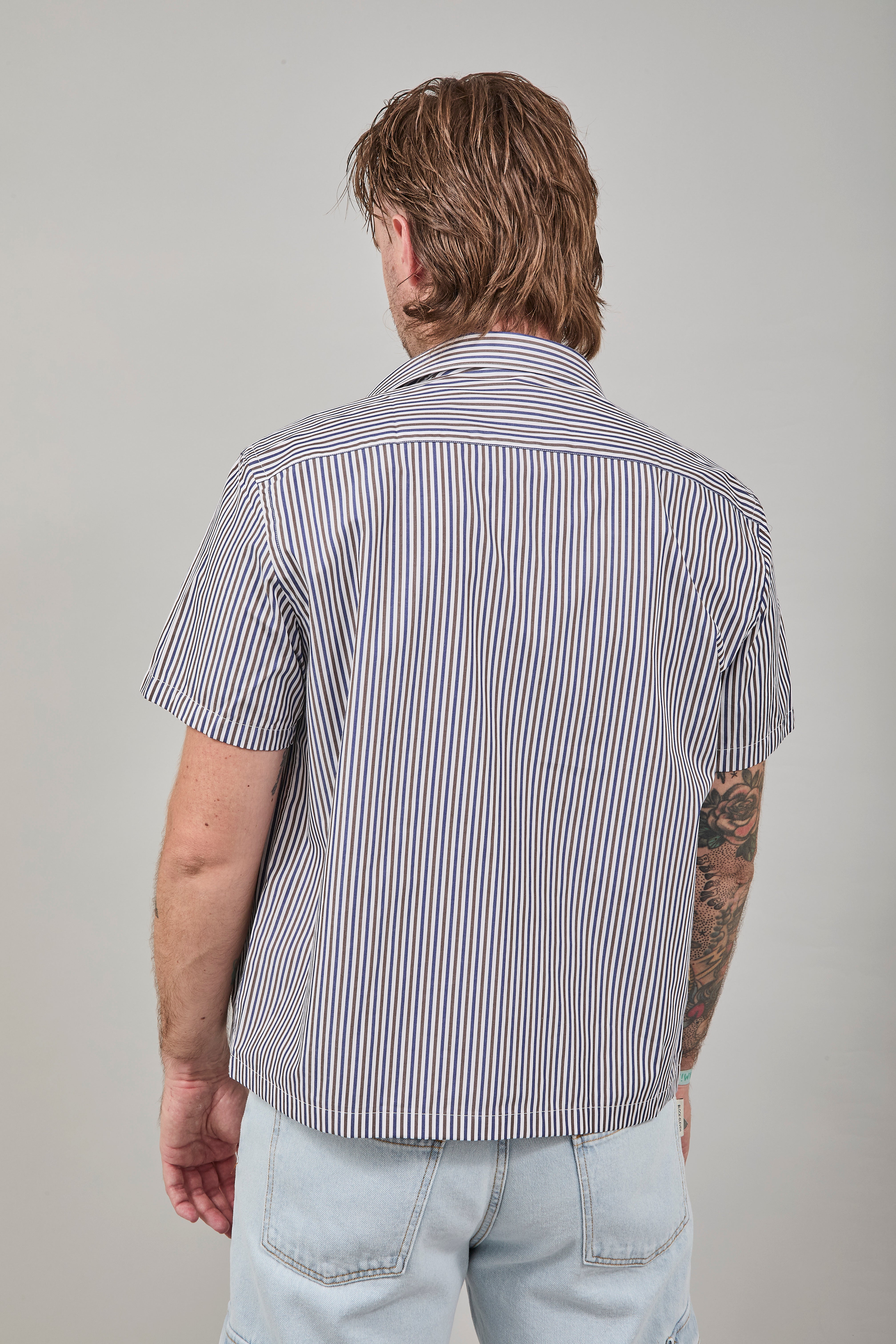 Camicia Berna Riga Sottile Caffè-Blu