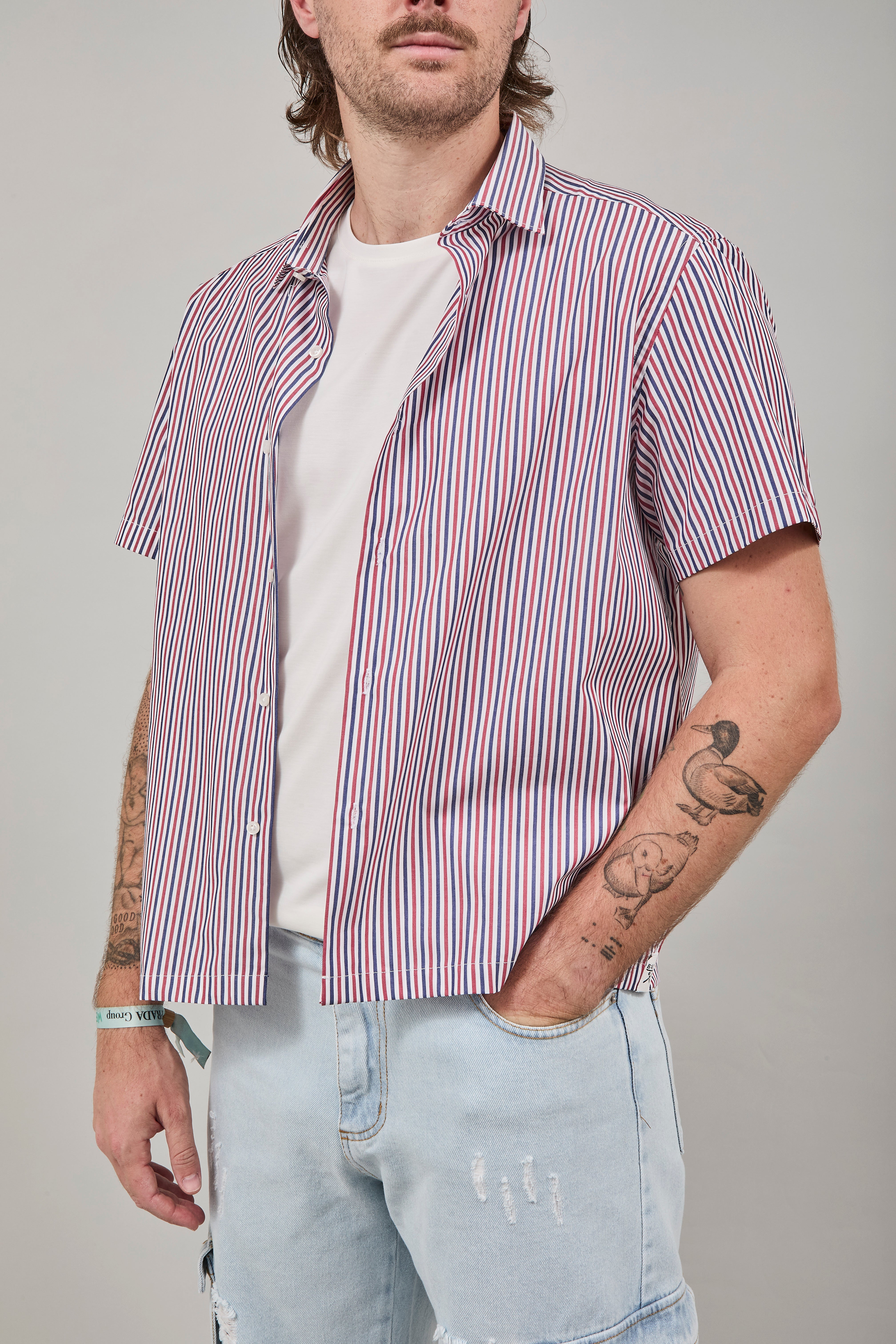 Camicia Berna Riga Sottile Coccio-Blu