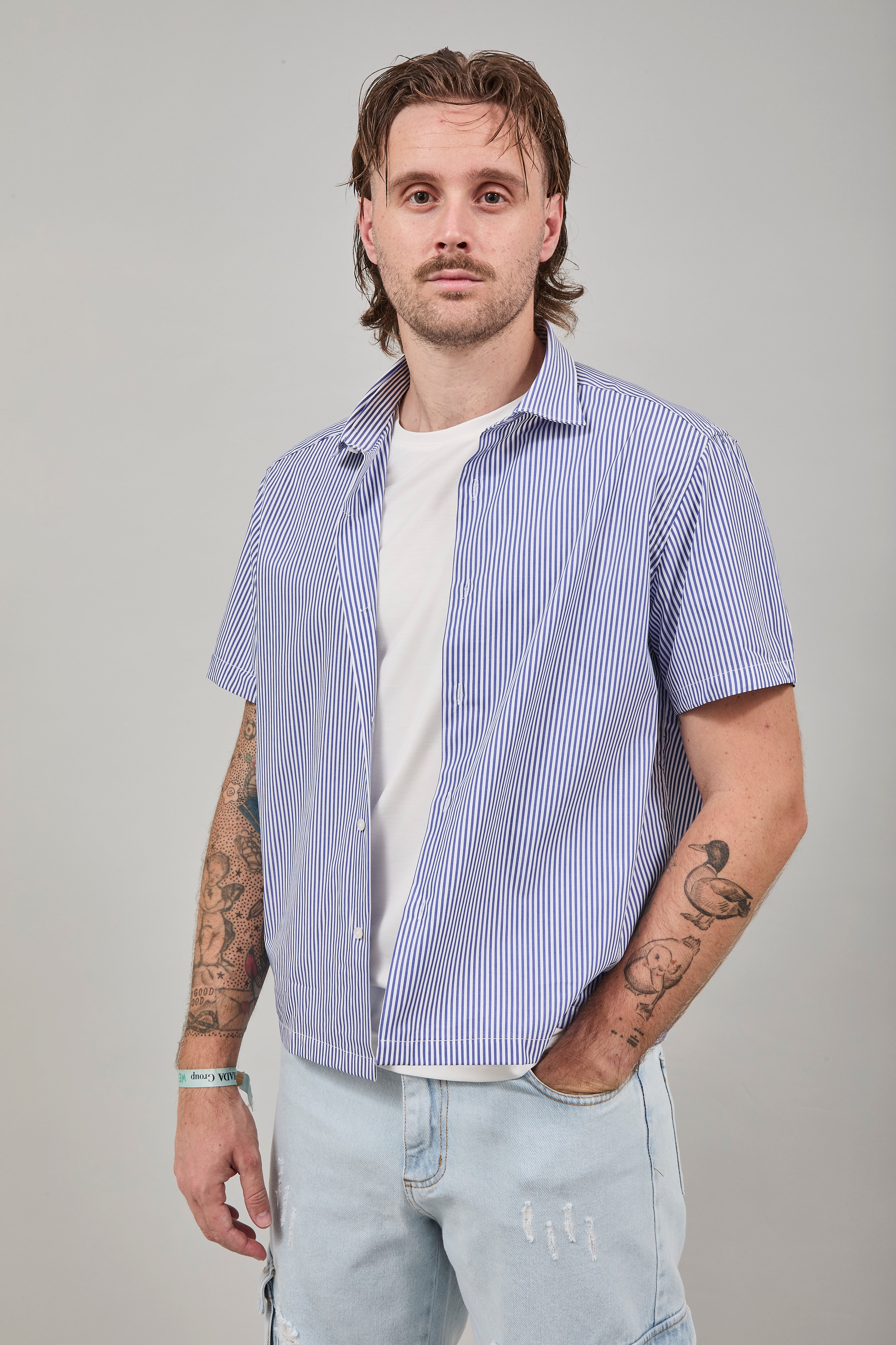 Camicia Berna Riga Sottile Bianco-Blu