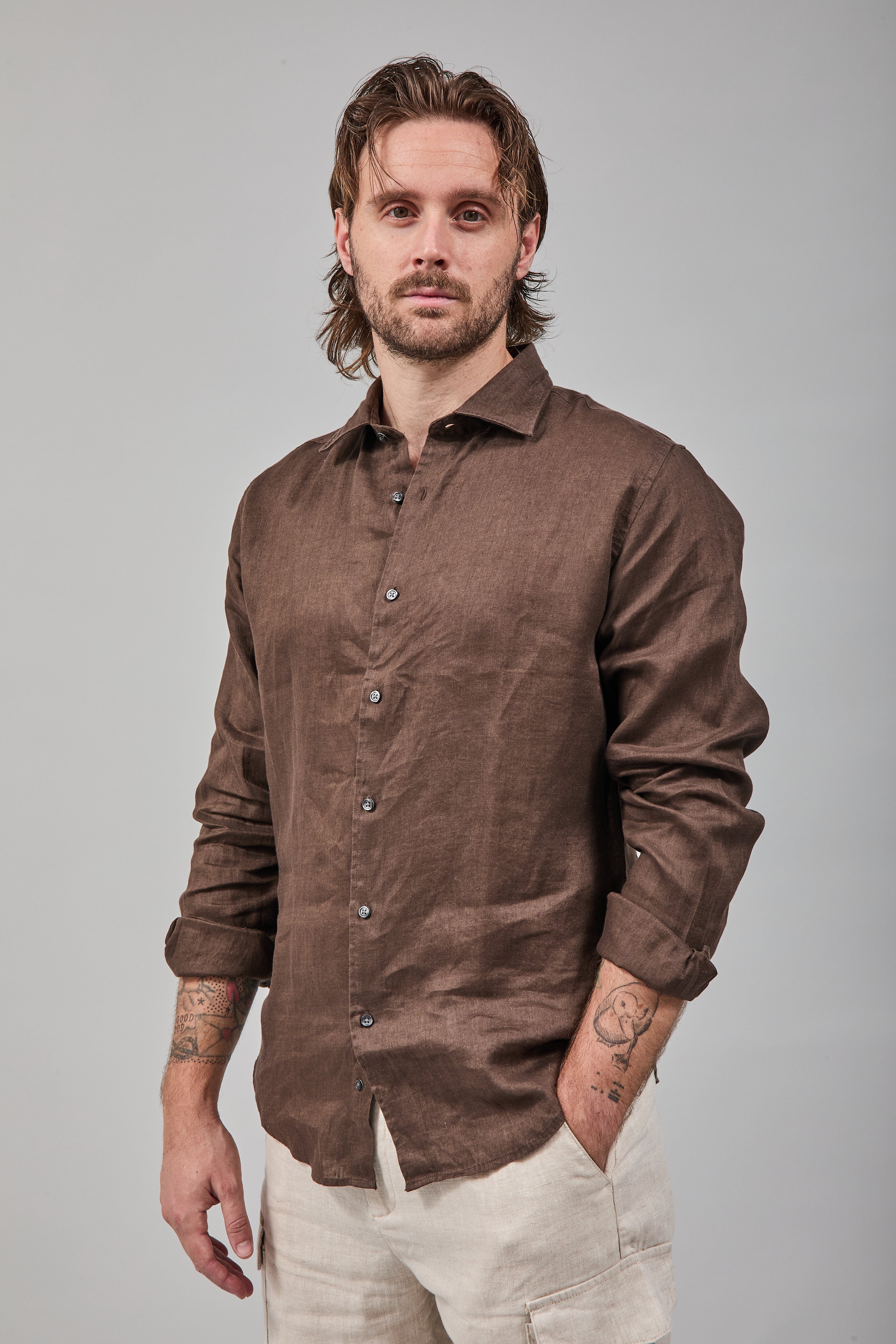 Camicia Berna Lino Cioccolato 448