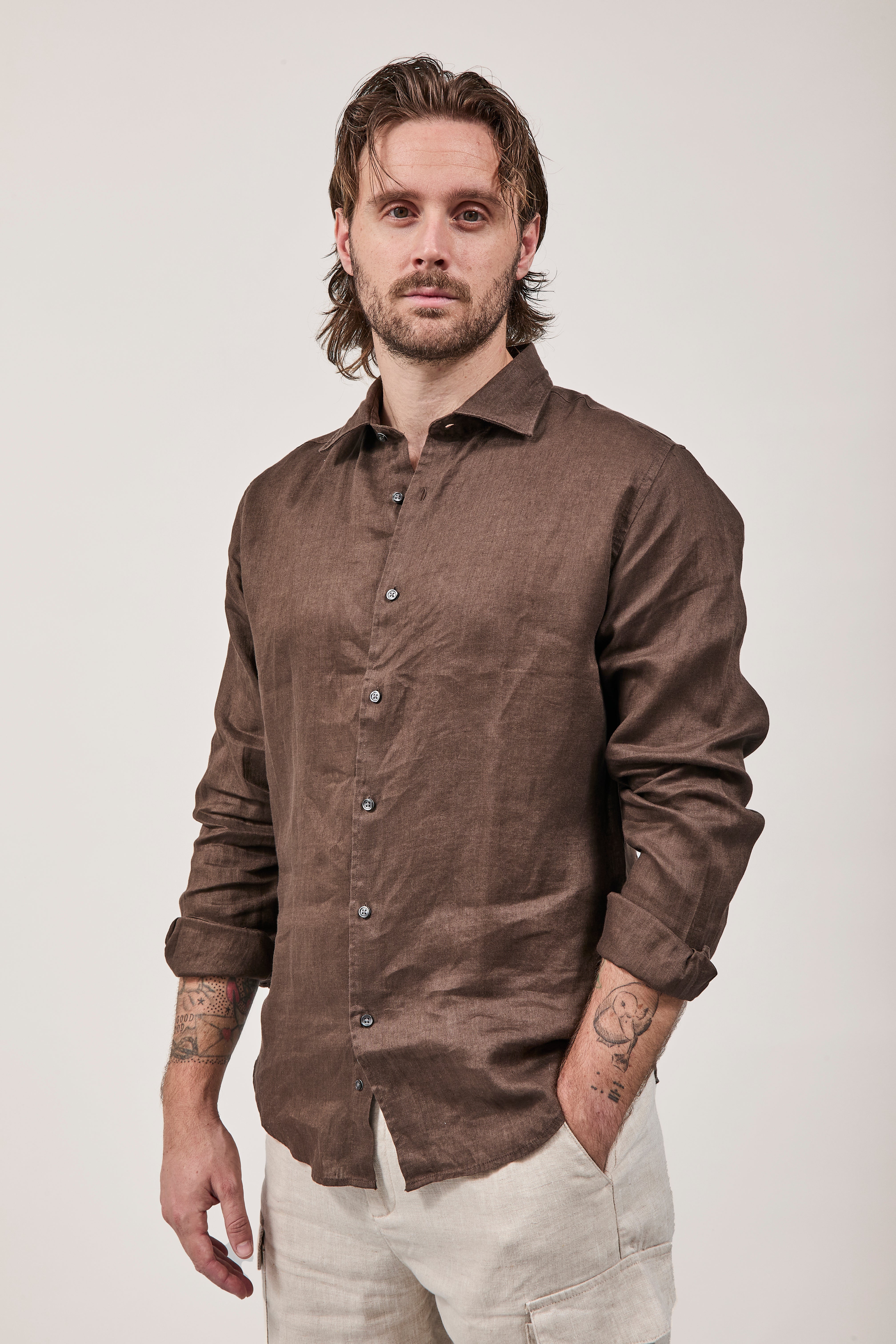 Camicia Berna Lino Cioccolato 448