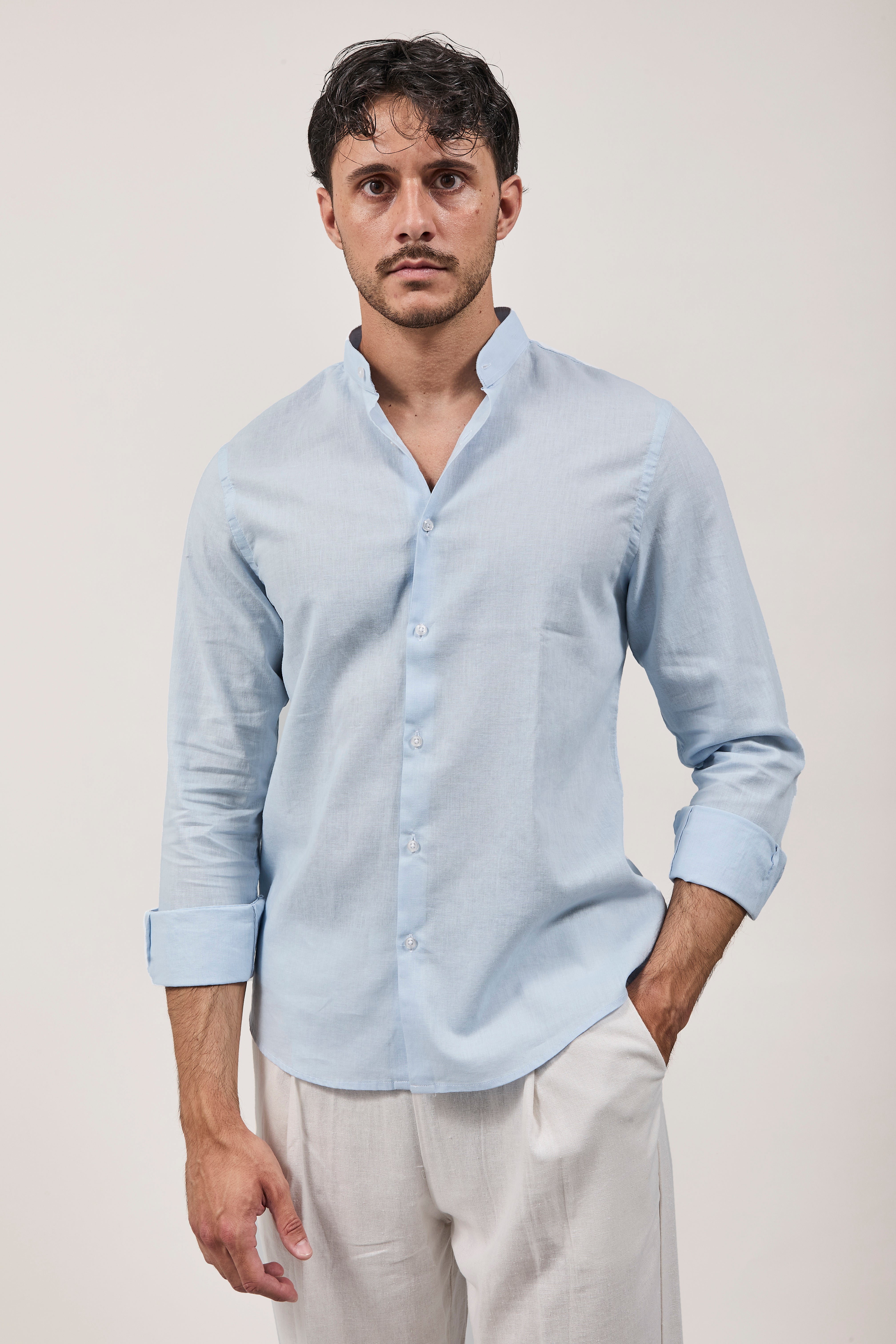 Camicia Why Not Brand Lino coreana Celeste