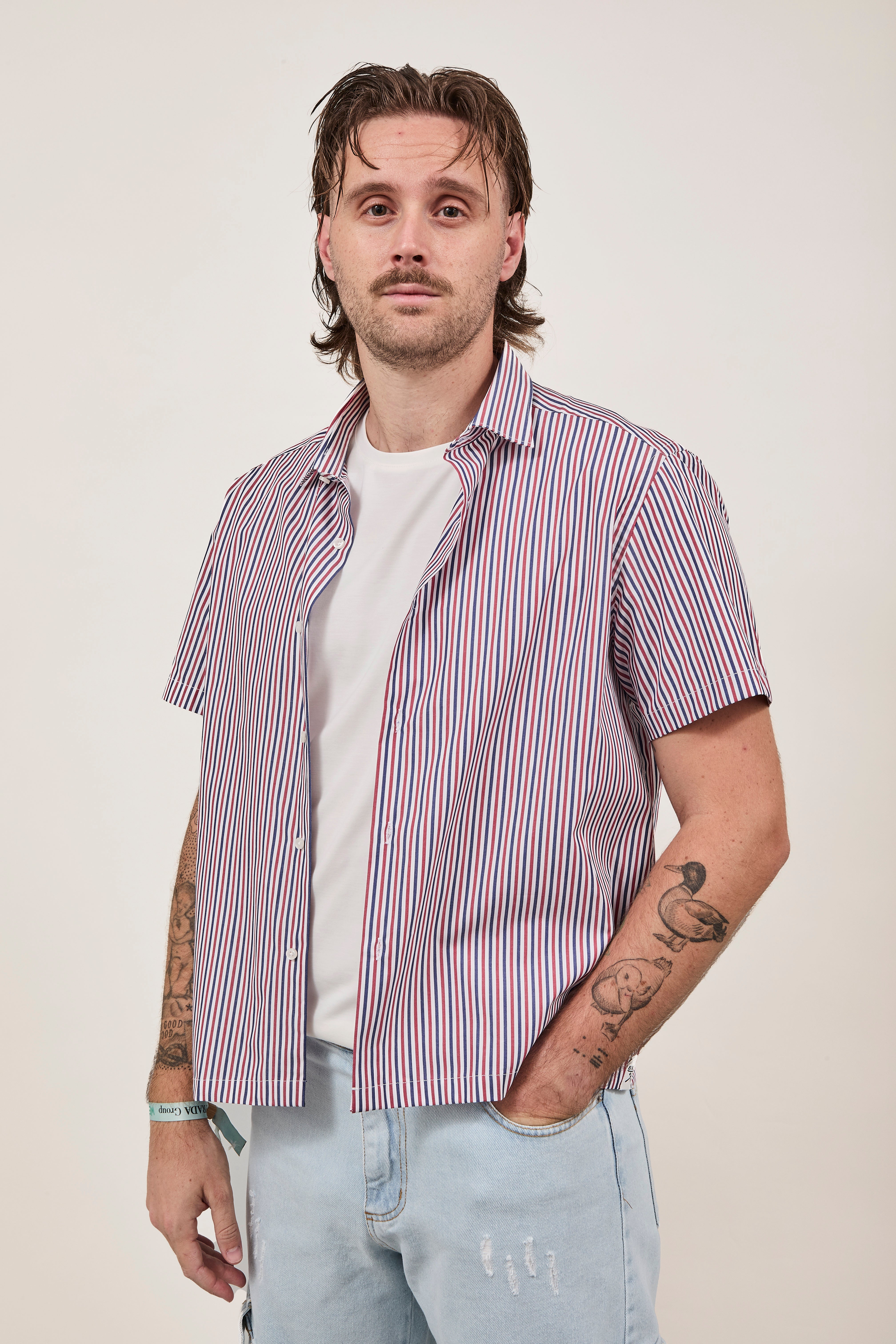 Camicia Berna Riga Sottile Coccio-Blu