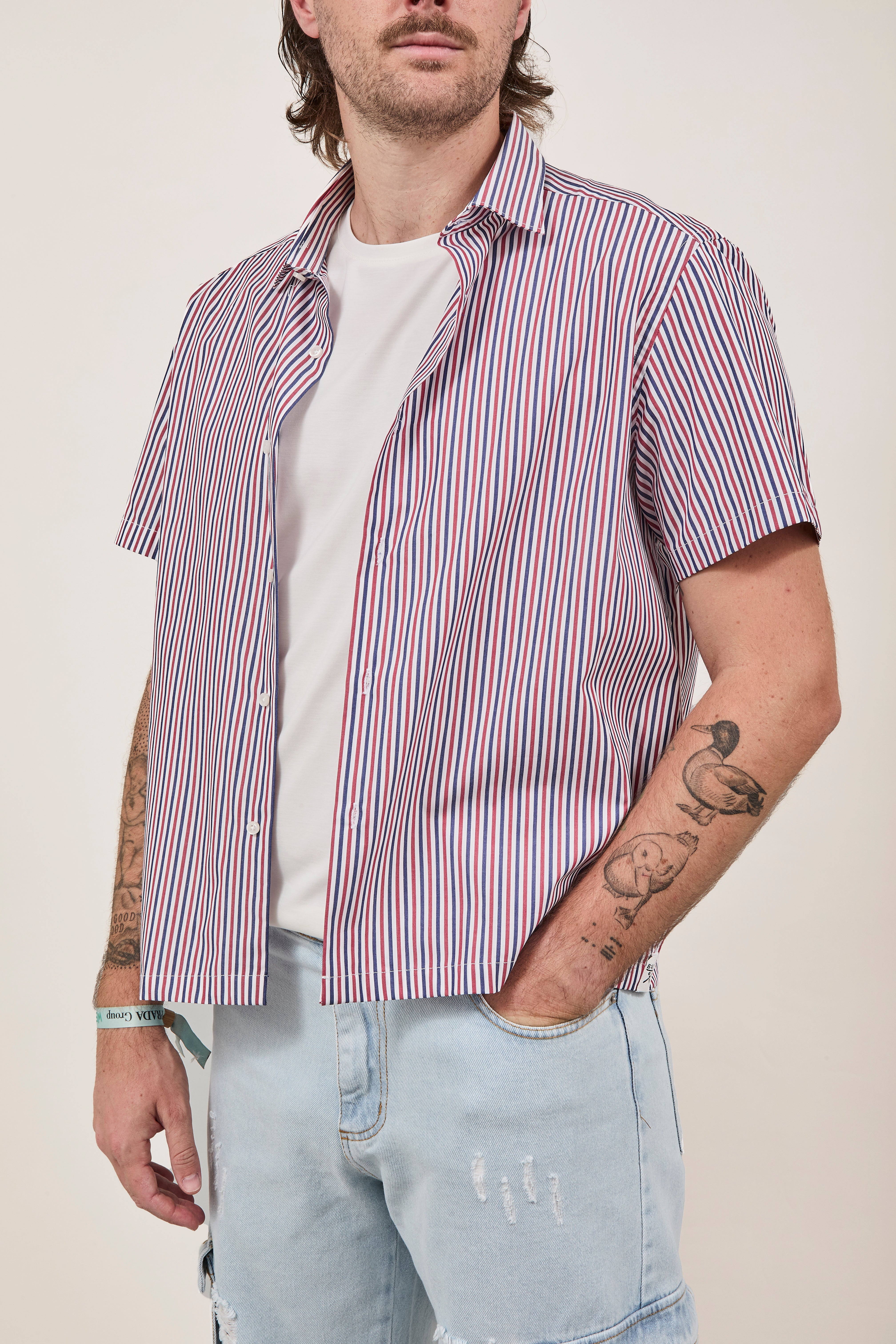Camicia Berna Riga Sottile Coccio-Blu