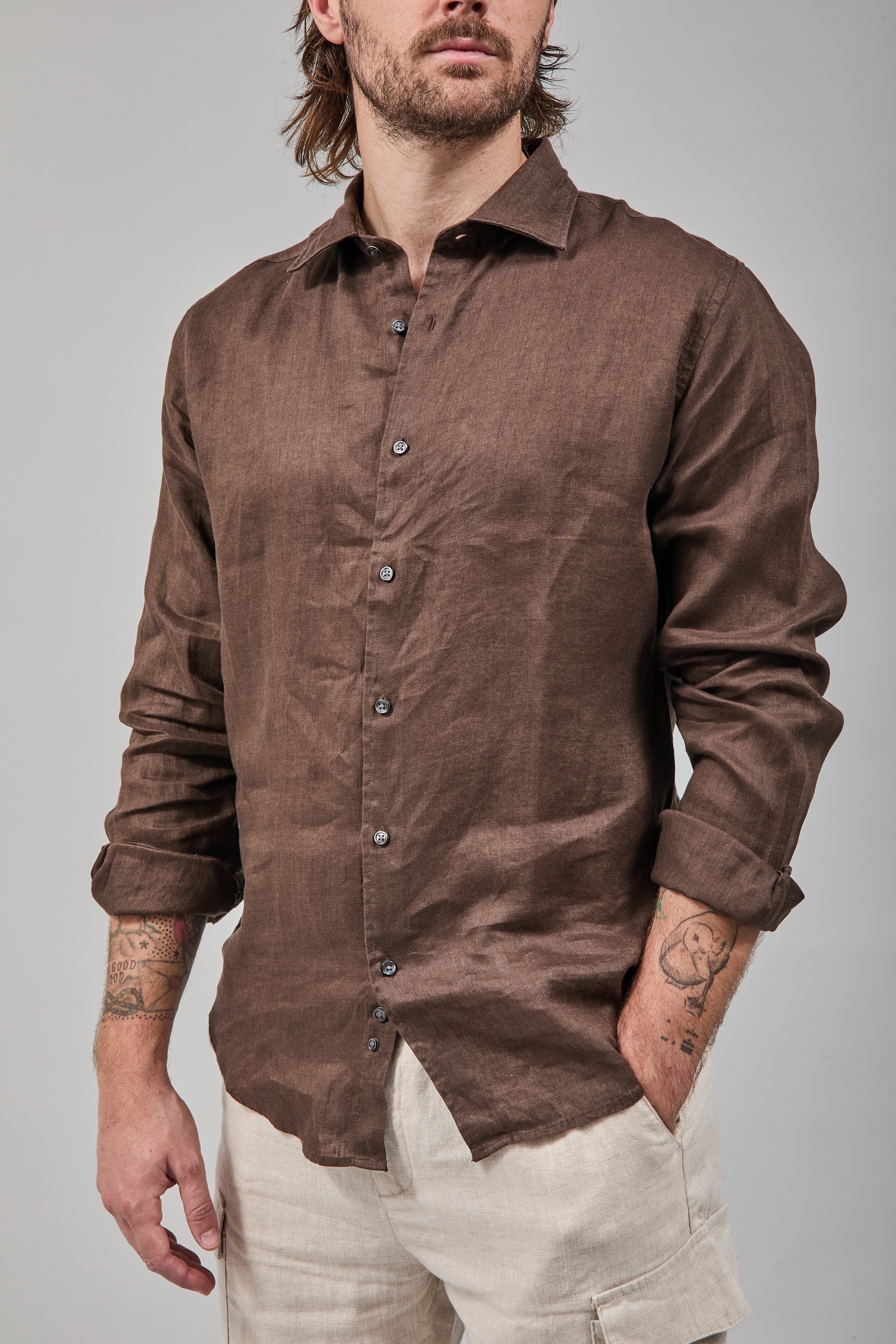 Camicia Berna Lino Cioccolato 448