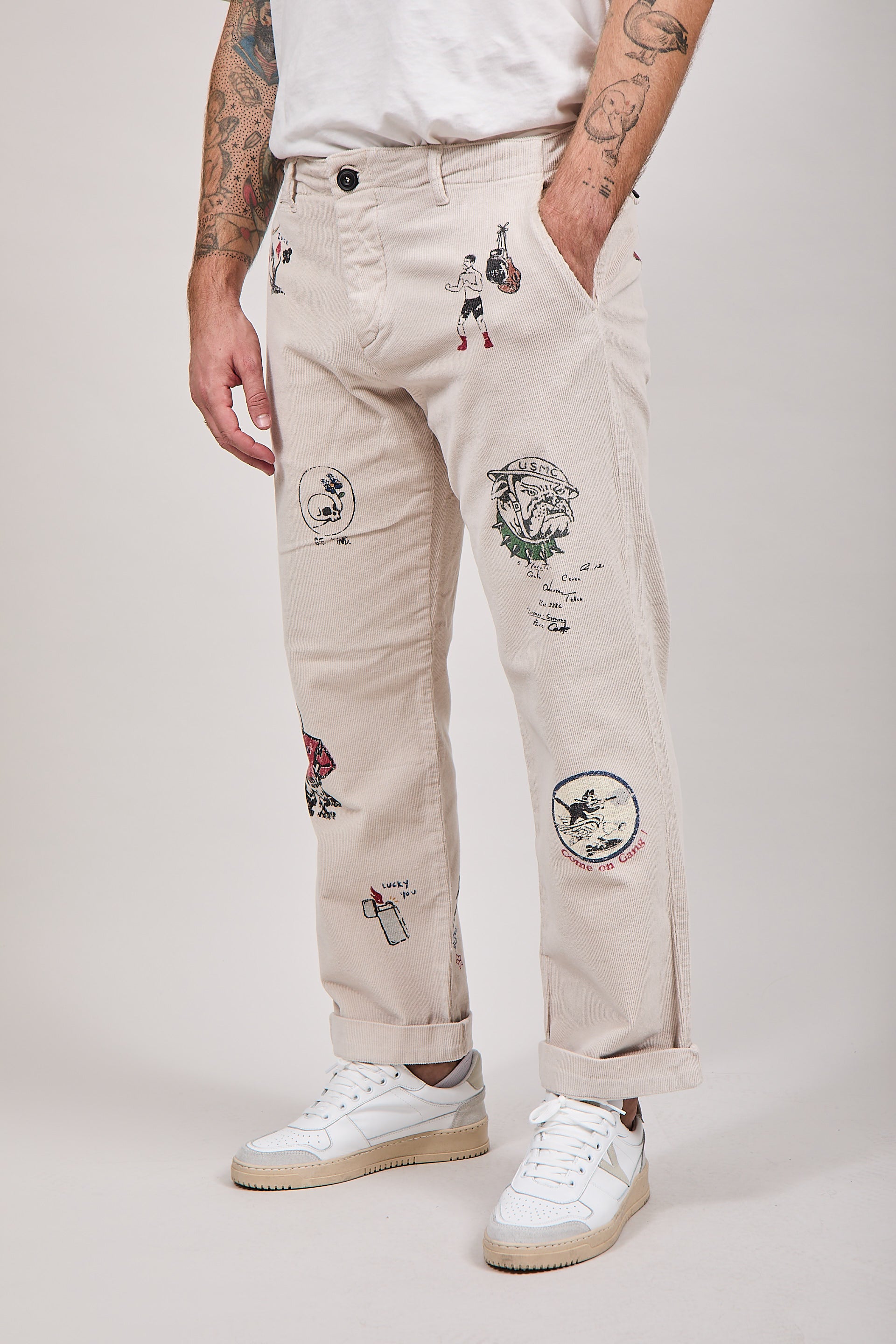 Pantalone Clark Velluto Stampe Panna Atelier