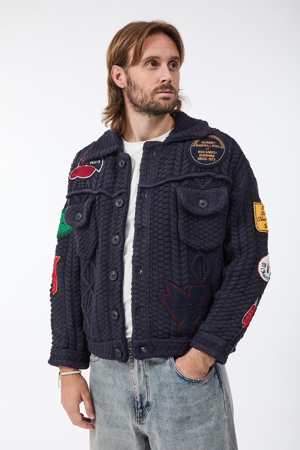 Giubbino Berna Maglia Trecce Patch Blu