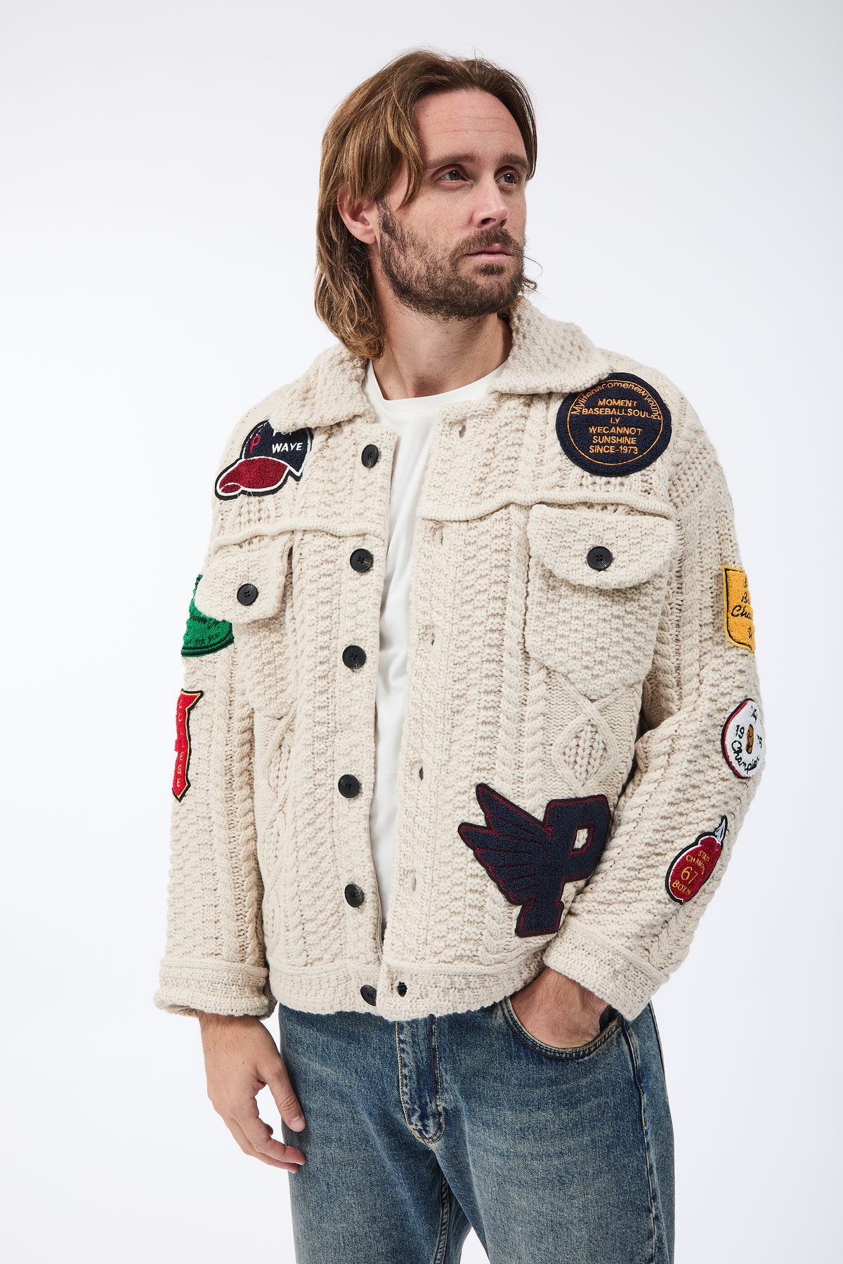 Giubbino Berna Maglia Trecce Patch Beige