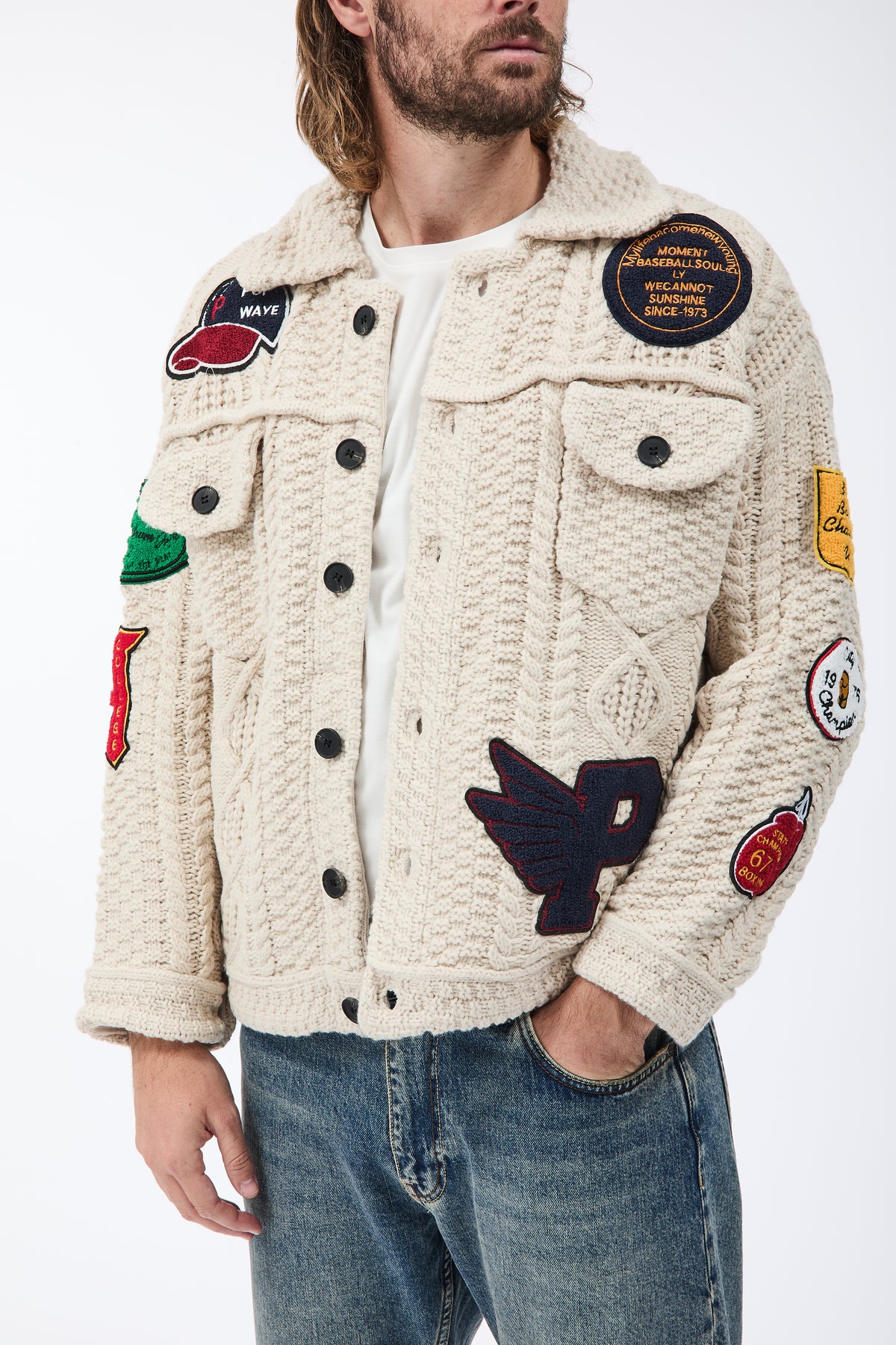 Giubbino Berna Maglia Trecce Patch Beige