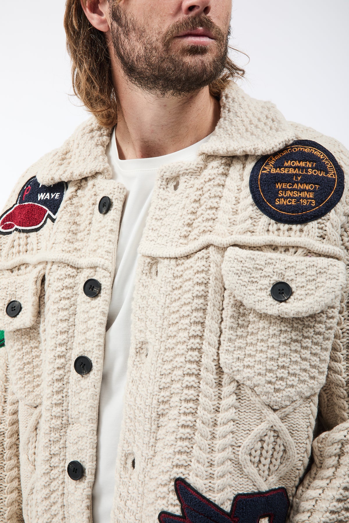Giubbino Berna Maglia Trecce Patch Beige