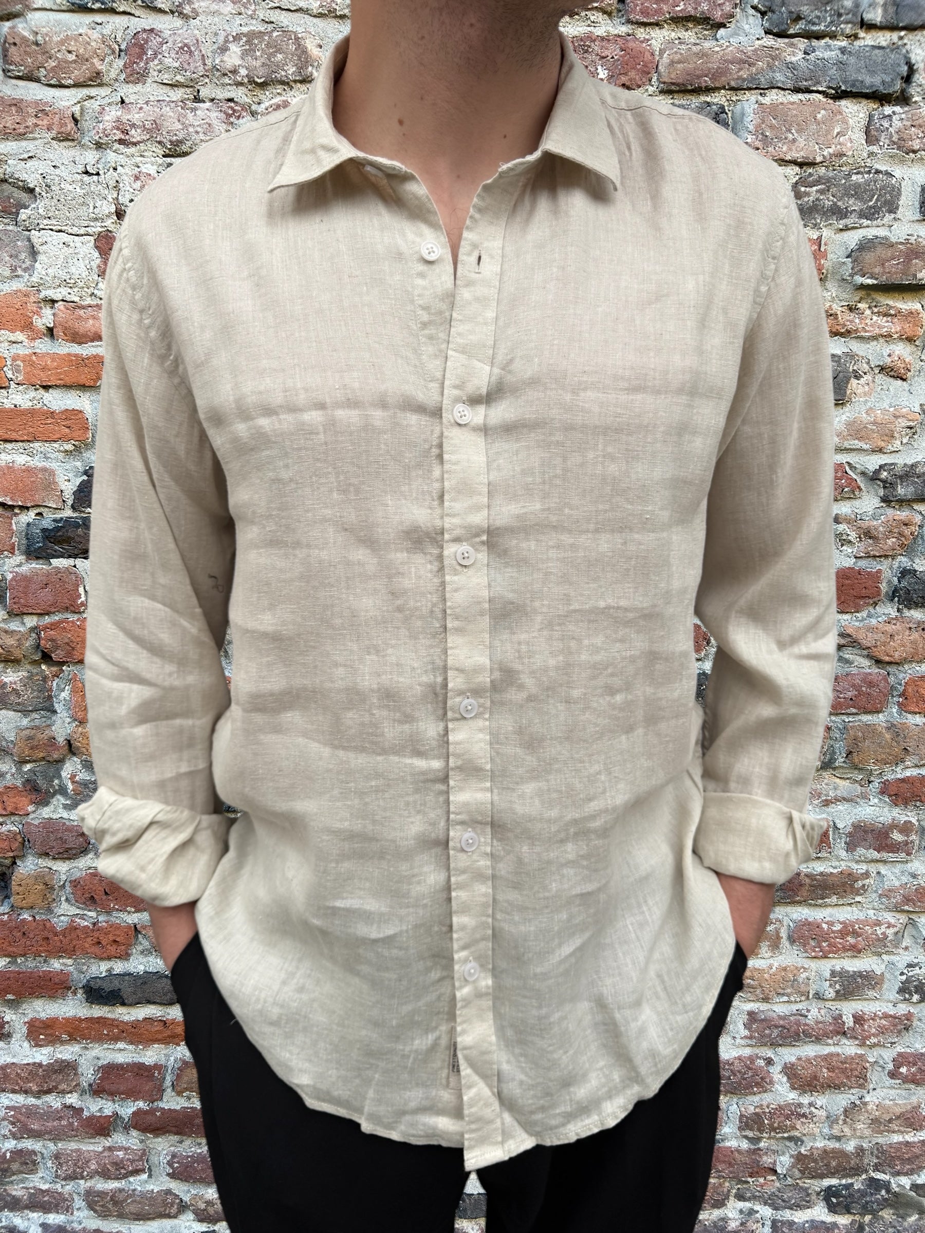 Camicia Gianni Lupo Lino Colletto Francese Beige 7619 (11945582100820)